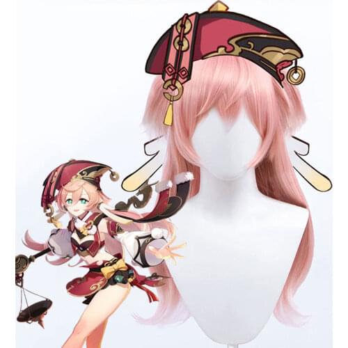 Pink wig Yanfei Synthetic Cosplay wigs with bangs Genshin impact Hair piece Ponytail Wig for Women Party Wavy Wise innocence