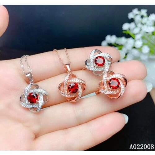 KJJEAXCMY Fine Jewelry 925 Sterling Silver Inlaid Natural garnet Gemstone lovely Ring Necklace Pendant Set Support test