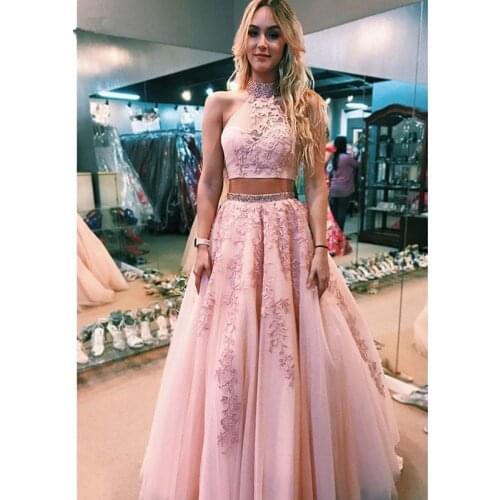 A Line Lace Pink Two Piece Prom Dresses Long Halter Neck Beaded Tulle Open Back Prom Gown Evening Dress 2020 robe de soiree