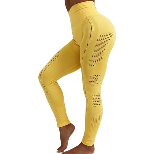 Yellow Hollow-out Yoga Pants Peach-butt Fashion Stretchy Black Pants Gym Sport Yoga Leggings Women Fitness High Waist Trousers