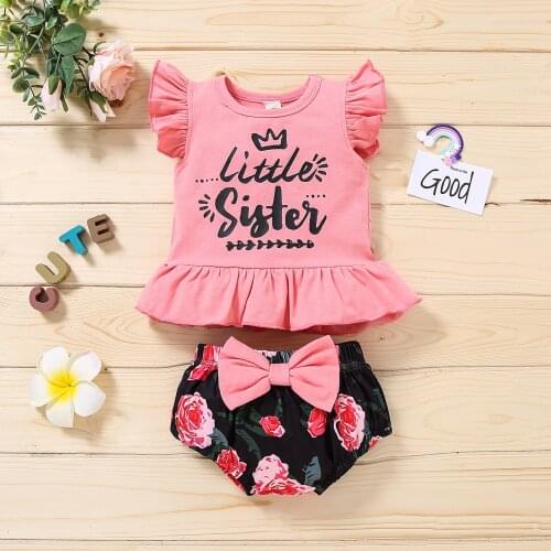 Pudcoco 2PCS Baby Girl Summer Clothes, Ruffle Sleeve Letter Print Tops + Floral Bloomers Set New Style 2021
