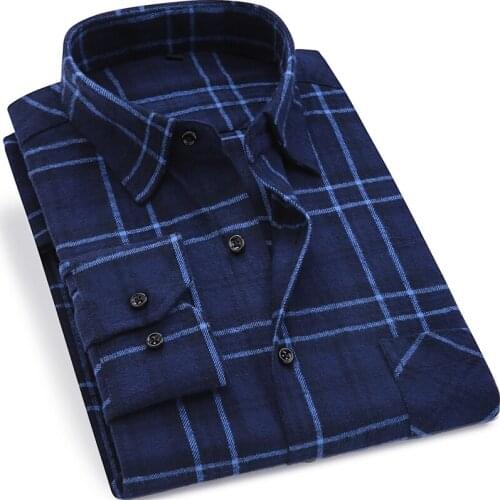 Male Social Dress Shirts Flannel 2019 New Mens Plaid Shirt 100% Cotton High Quality Mens Business Casual Long Sleeve Shirt