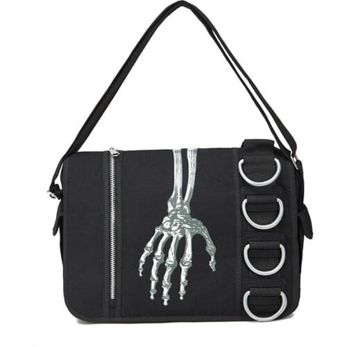 Skull Printing New Gothic Black Goth Bag Dark Metal Circle Zipper Punk Hand Carry
