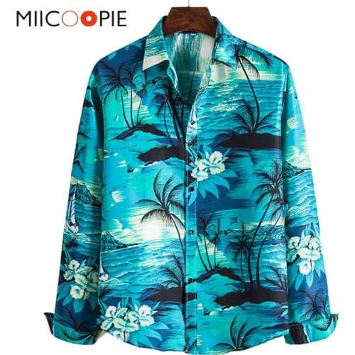 2020 New Long Sleeved Dress Hawaiian Shirts Men Brand Hawaii Style Print Blue Floral Shirt Man Casual Beach Holiday Men Clothing