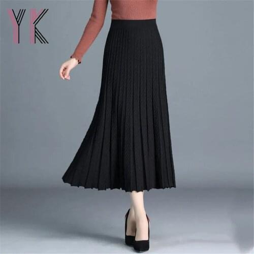 Solid Color Elastic High Waist Knitting 2021 Autumn Winter Midi Skirts Thicken Korean Pleated Sukienka Simple Korean Basic Saia