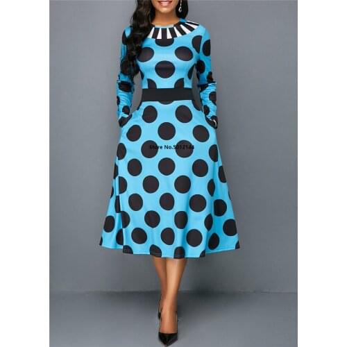 Long Sleeve Autumn Dress Women 2019 Elegant Vintage Sexy Ball Gown Long Party Dress Casual Plus Size Slim Dot Pocket Dresses 5XL