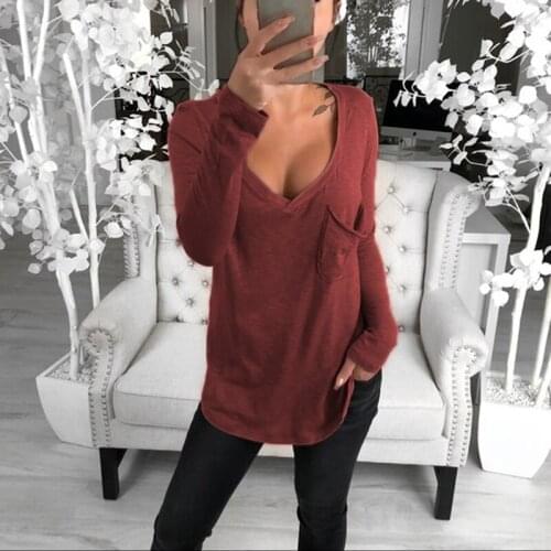 Autumn Women Tops Fashion Ladies Long Sleeve V-Neck T-Shirt Female Solid Color Pockat Tees T Shirt For Women Plus Size