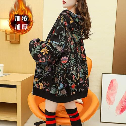 Casual Floral Print Hoodies With Zipper Women Sweatshirts Korean 2021 Autumn Winter Oversized Hooded Hoodies Outerwear Plus Size