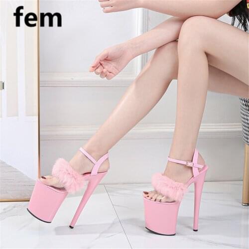 Fluffy Sandals Women Platform Shoes Super High Heels Peep Toe Buckle Trap Summer Cute Sexy Sandals Thin Heels Party Shoes Women