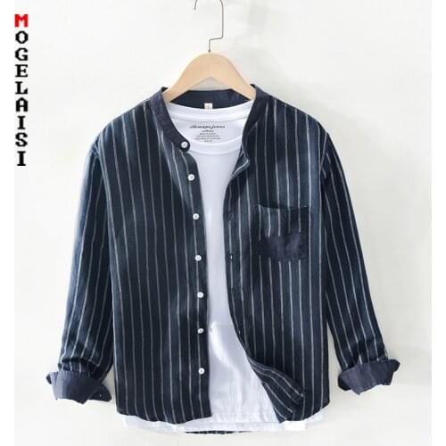 New Summer Striped shirt men casual long sleeve linen cotton tops high quality Breathable soft dark blue shirts TB750