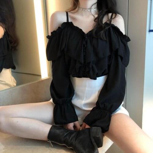 Summer Ruffles Shirts Women Long Flare Sleeve Tops Fashion V-neck Blouses Vintage Spring Off Shoulder Blouse