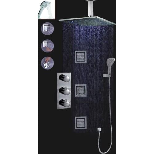With Wall Mounted 16 Inch Auto-thermostat Control Rainfall LED Shower Head Set Bathroom Thermostatic LED Shower Faucet Set