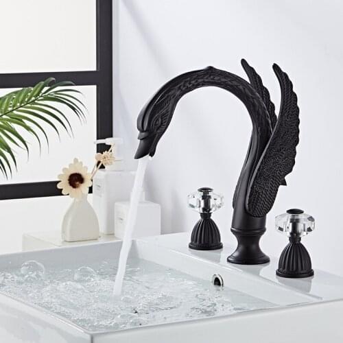 Basin Faucets Mixer Black Brass and Crystal Deck Mounted Square Bathroom Sink Faucet 3 Hole Double Handle Hot and Cold Water Tap
