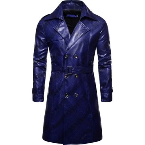 Mens Leather Biker Trench Coat Belted Double Breasted Lapel Overcoat Jackets
