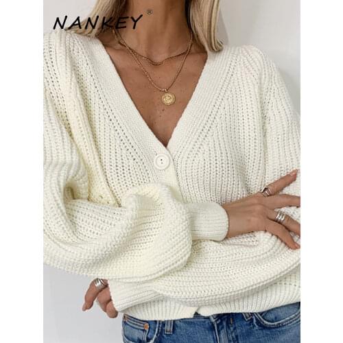 SINRGAN Relaxed Knitted Cardigan Casual Look 2021 New Autumn Winter Sweater Lantern Sleeve Button Knitted Cardigan Top