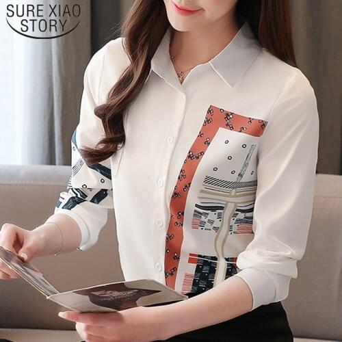 Korean Fashion Clothing Blusas Mujer De Moda 2021 Spring Long Sleeve Office Lady Blouse Print Button Chiffon Shirts 8805 50