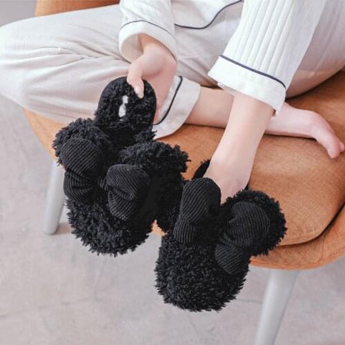 Winter Fur Plus Knot Elegant Ladies Velvet Slippers Home Bedroom Slip-on Flat Shoes Memory Foam Black White Women Fur Slippers