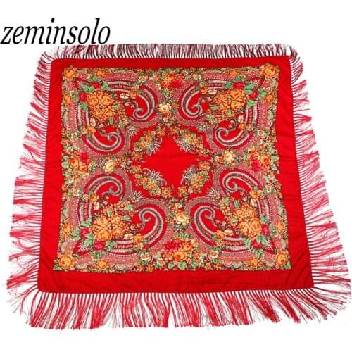 135*135cm Russian Retro Style Scarves Women Cotton Square Scarf Floral Tassel Scarf Wraps Ladies Scarves Blanket Shawls Pashmina