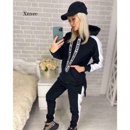 Autumn and Winter Hooded Womens Two-Piece Suit Side Striped Hoodie Sweatshirt Top + Pants Sports Suit Casual Wear