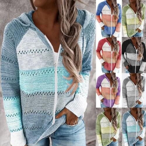 Autumn Women Patchwork Hooded Sweater Long Sleeve V-neck Knitted Sweater Casual Striped Pullover Jumpers 2021 New Female Hoodies