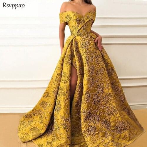 Long Evening Dresses 2020 robe de soiree Elegant Cap Sleeve V-neck Sexy High Slit Saudi Arabia Style Gold Women Formal Gowns