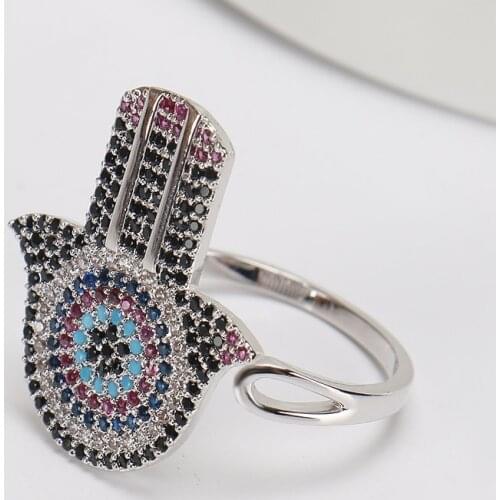 Lucky Eye Colorful Hamsa Hand Rings Women Silver-color Crystal Rings Zircon CZ Band Engagement Ring Evil Eye Jewelry Adjustable