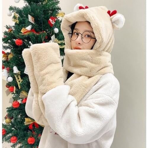 Deer Ear Winter Hat Scarf Gloves Three- Pieces Set For Woman Or Kids Christmas Gift Students Soft Warm Faux Fur