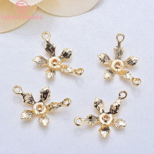 6PCS 13x20MM 24K Gold Color Plated Brass Flower Connector Charm Pendants High Quality Diy Jewelry Accessories