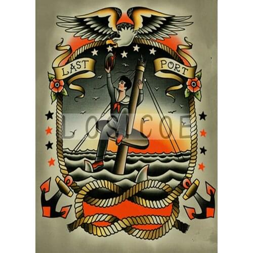 United States Navy 30X42 CM Tattoo Design Manuscript Painting Wall Art Retro Kraft Poster Wall Sticker Barber Shop Home Decor
