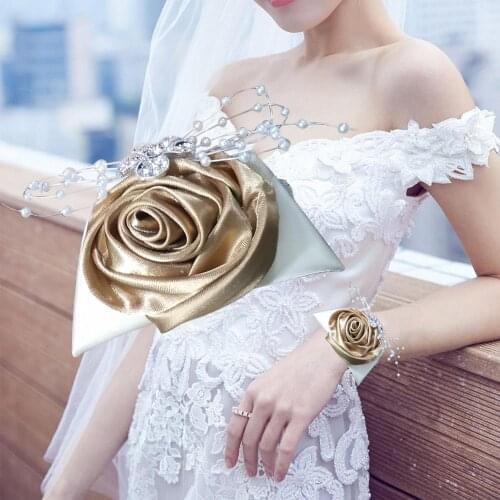 Khaki Satin Rose Flower Wrist Bridesmaid Handmade Pearls Crystal Wrist Corsage Bracelet Flower Hand Wedding Accessories SW0677