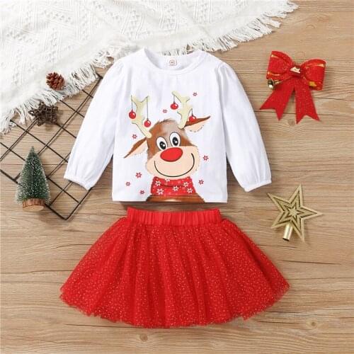 Kids Baby Girls Christmas Clothes Set, XMAS Deer Print Long Sleeve O-neck Tops+Dot Print Short Tulle Skirt, 18Months-6Years