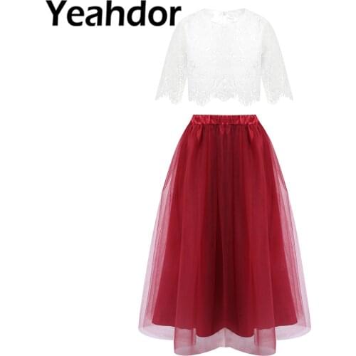 2Pcs Girls Lace Outfits Party Dress Hollow Out Florcal Lace Top with Long Skirts Girls Dress De Festa Wedding Flower Girl Dress