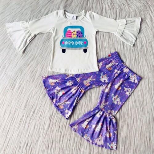 NEW ARRIVAL Easter Day Series Eggs and Tractor print Top with Bell Sleeve Flare Pants Set for Baby Girls