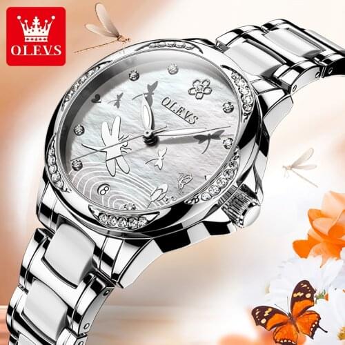 OLEVS 2021 Top Brand Automatic Mechanical New Luxury Ladies Watch Leather Watch Rhinestone Ladies Fashion Bracelet Set Gift 6610