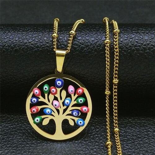 Stainless Steel Islam Colorful Turkey Eyes Tree of Life Necklaces Charm Women Gold Color Necklaces Jewelry ojo turco N5210S04