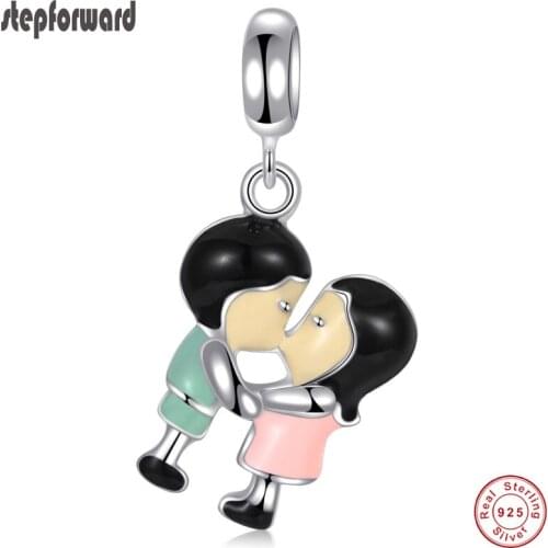 Popular Good Quality Romantic Enamel 925 Sterling Silver Kiss Couple Pendant Charm Fit Bracelet And Necklace Women Charms G