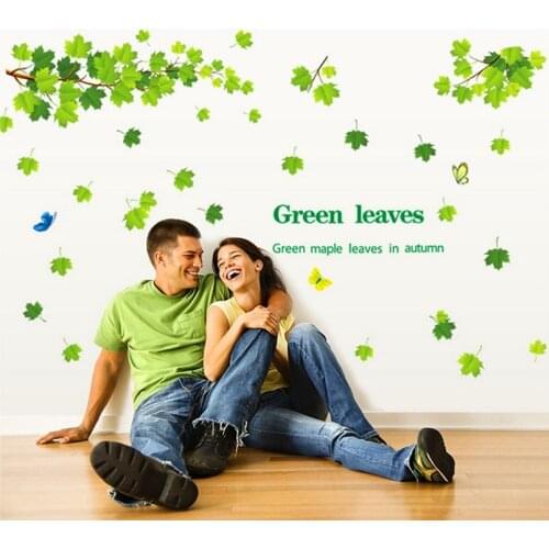Green Leaves Autumn 3d Wall Stickers Home Decor Tree Sticker Removable Background Green 60*90CM