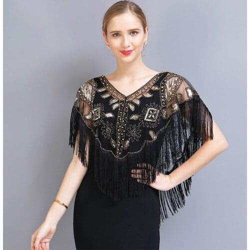 Lady Luxury Beaded Shiny Sequin Glitter Cape Women Elegant Amazing Tassel Evening Celebrity Shawl Formal Accessory for Event