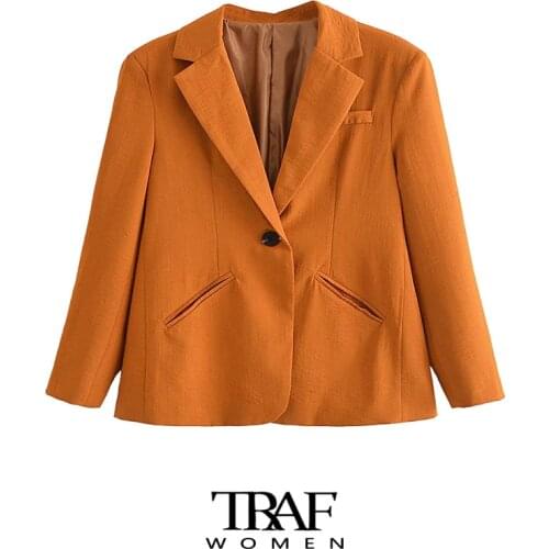 TRAF Za Women Fashion Single Button Office Wear Blazer Coat Vintage Long Sleeve Welt Pockets Female Outerwear Chic Veste