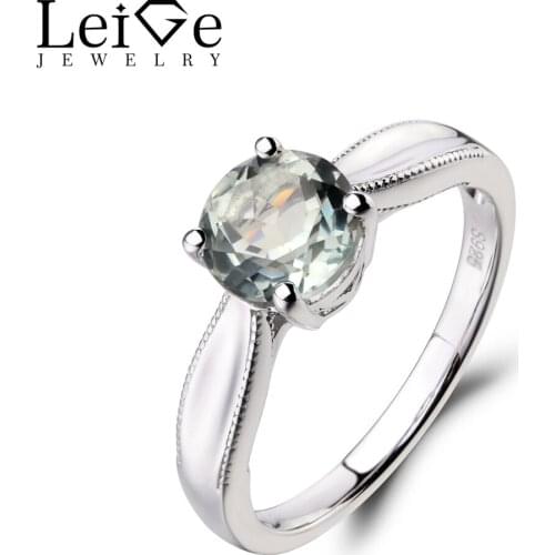 Leige Jewelry Solitaire Ring Natural Green Amethyst Ring Round Cut Wedding Ring Gemstone 925 Sterling Silver Ring Gift for Women
