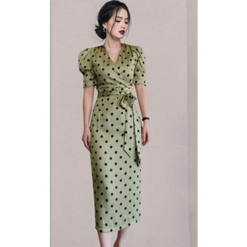 High-End Summer Dot Printing V-Neck Women Dress High Quality Puff Sleeve Slim OL Work Chic Lady Evening Party Dresses Vestidos