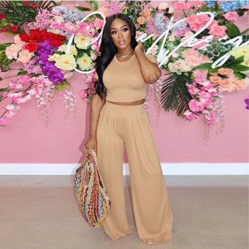 ZKYZWX Solid Two Piece Set Short Sleeve Crop Top High Waist Wide Leg Pants Rave Club Vacation Outfits for Women Summer Clothes