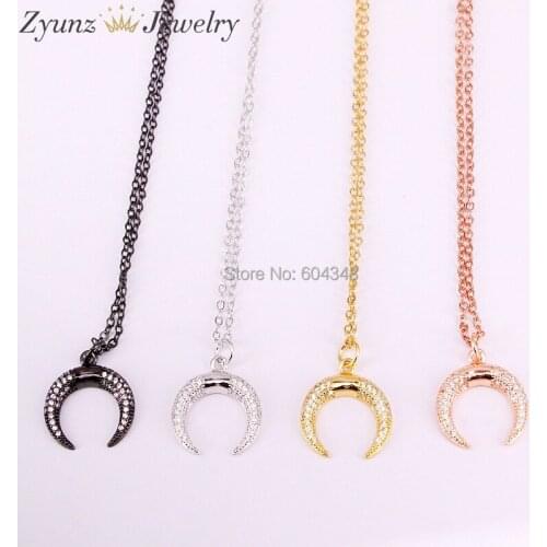 10PCS ZYZ333-5601 fashion jewelry women trendy tiny crescent moon horn pendant pave clear cz gold/rosegold/black necklace