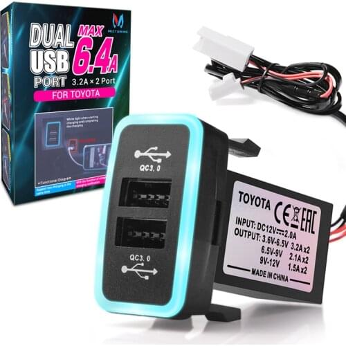 MICTUNING Dual USB Port 6.4A 12-24V Car Charger With Blue Red LED Light - Qualcomm 3.0 Universal Quick Charger for Toyota