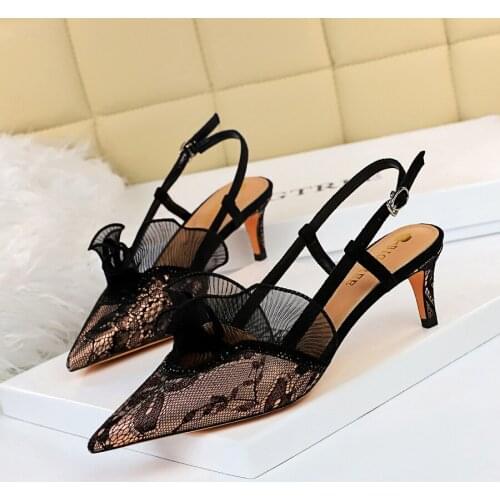 BIGTREE Shoes Lace Women Pumps Bow High Heels Women Sandals Women Shoes Sexy Party Shoes Women Heels Black Stiletto Plus Size 43