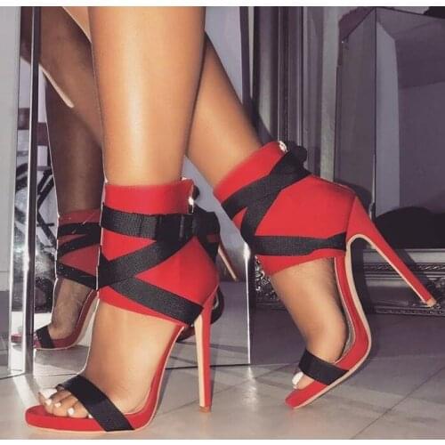 Red Black Ankle Straps High Heel Sandals For Women Peep Toe Cut-out Dress Shoes Mixed Colors Patchwork Banquet Thin Heel Shoes