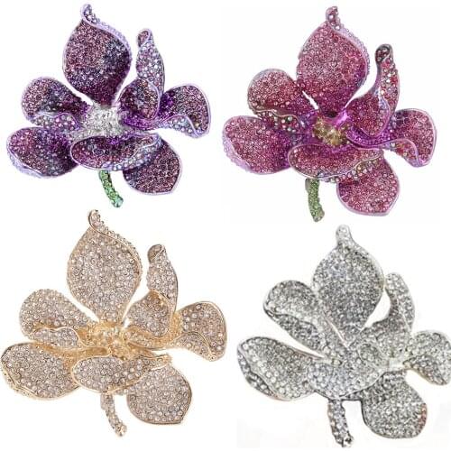 Exquisite rhinestone Orchid Flower Bloom Brooch Pin Austrian Crystal Lotus flower Brooch Women Party Jewelry