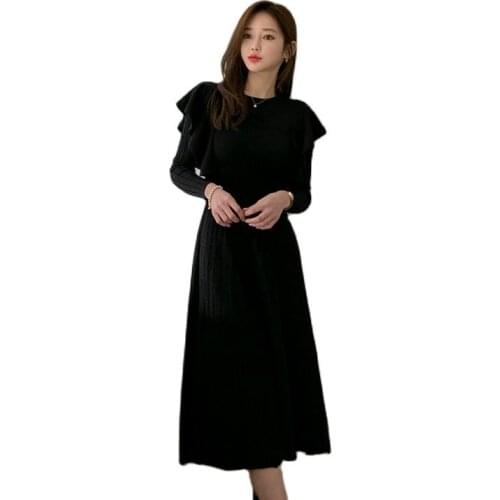 One piece ladies Long Sweater Dress for women Fashion Korea long Sleeve ruffle crew neck knitted Sexy Ladies winter maxi Dresses