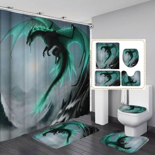 Flying Dragon Bathroom Shower Curtain Waterproof Modern Toilet Cover Bath Mat Non-Slip Rug Set Bathroom Accessories With 12 Hook