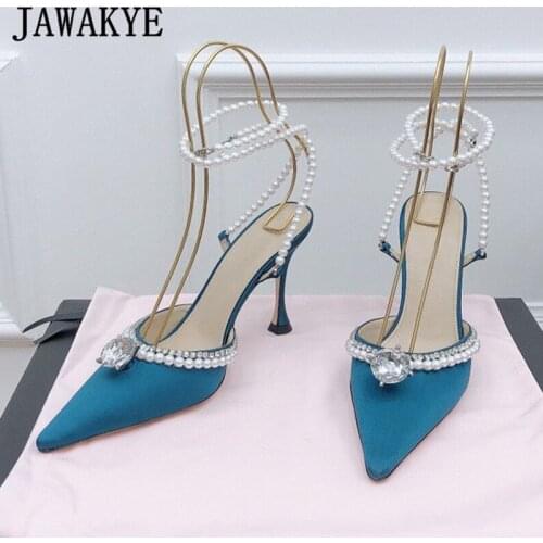 Elegant Pearl Ankle Strap Women High Heels Pointy Blue Pink Satin Party Wedding Shoes Crystal Rhinestone Stilettos Women Shoes